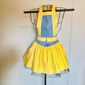 Yellow polka dot jean apron, handmade